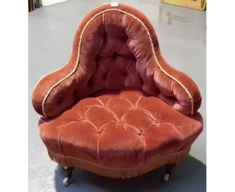 Victorian button-back upholstered tub bedroom chair with turned forelegs and ceramic castors