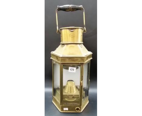 Early 20th Century brass 3 glass carriage lamp by Bulpitt & Sons, Birmingham, 1912, swing handle, height 16in.