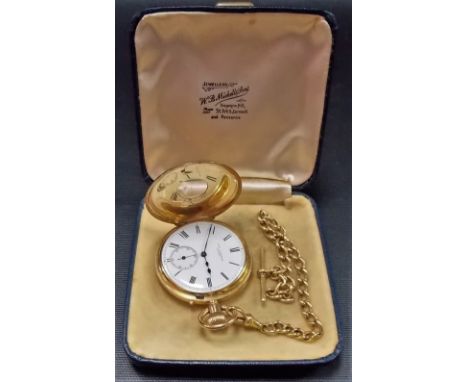 Good Victorian 18ct gold Half Hunter crown wind pocket watch, the outer case with blue enamel Roman numerals, the white ename