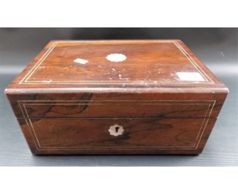 Victorian rosewood work box, metal strung and with mother of pearl inlay, lacks interior, width 11in