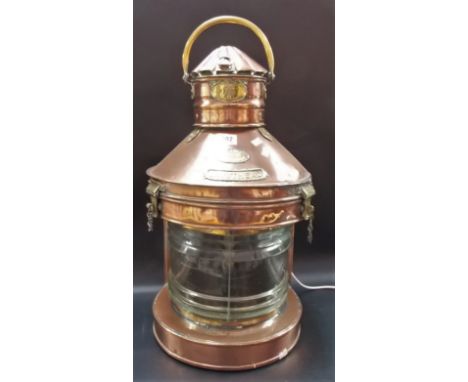 Ship's brass and copper masthead lamp by Lord Line Ltd, St Andrew's Dock, Hull, height 24in, converted to electricity.