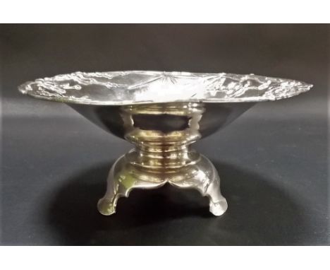 Good Chinese silver pedestal bowl, the rim cast with prunus blossom, upon triple shaped feet, 2ct mark to the base, diameter 