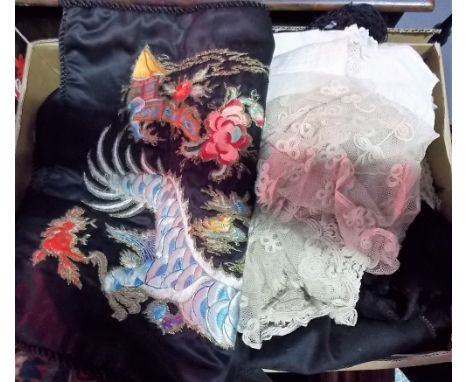 Collection of vintage lace items and an oriental black silk embroidered pillow case.
