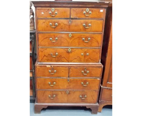18th Century burr walnut veneered and crossbanded chest on chest, the moulded cornice over two short drawers and three long d