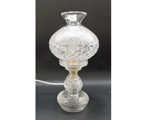 Hobnail cut glass lamp and shade converted to electricity, height 14in.