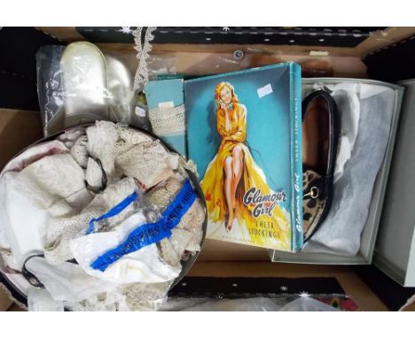 Box of vintage lace together with a pair of fur and suede Kurt Geiger ladies shoes etc.,