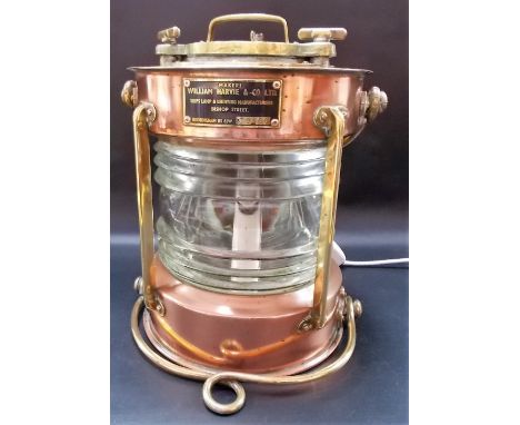 Brass and copper ship's anchor lamp by William Harvie & Co Ltd, height 12.5in, converted to a lamp.