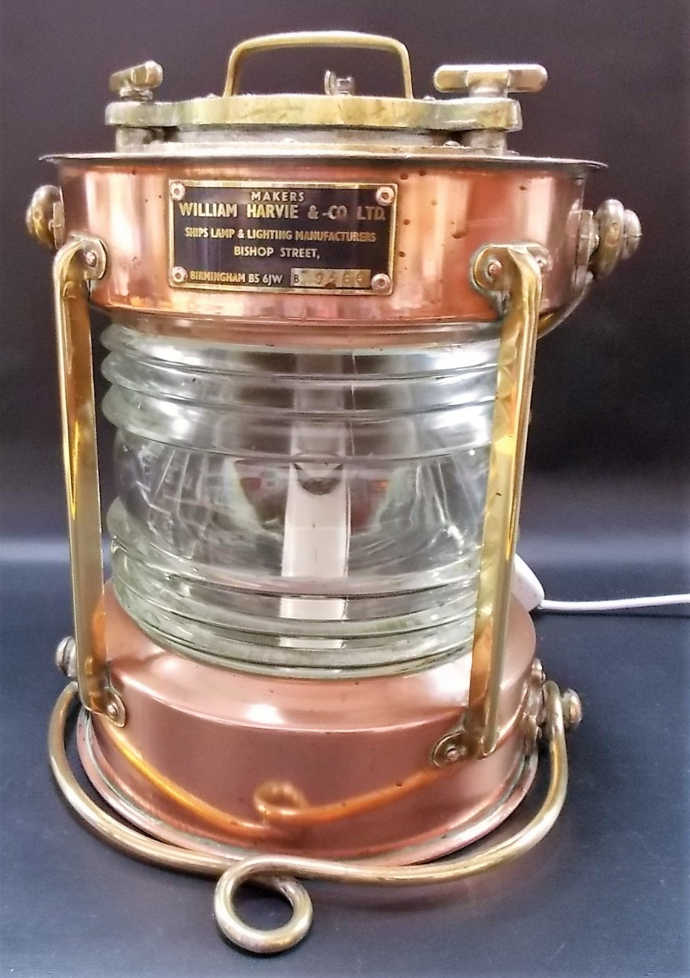 Brass and copper ship's anchor lamp by William Harvie & Co Ltd, height 12.5in, converted to a lam