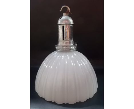 Early 20th Century pendant lamp with chrome plated fitting and fluted white opaque glass circular shade, height 15in.