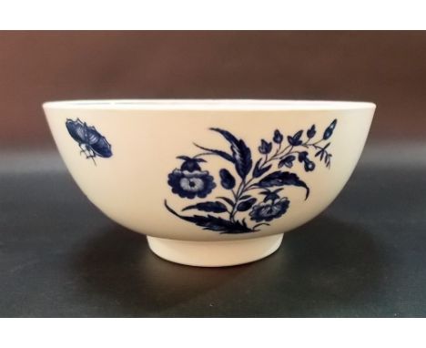 18th Century Worcester blue and white transfer printed bowl, the sides decorated with floral sprays and two butterflies, blue