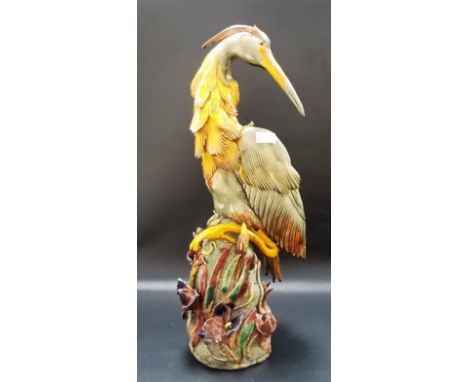 Majolica model of a heron on naturalistic base, height 20 in (af).