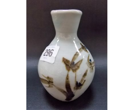 Trevor Corser for St Ives Leach Pottery porcelain ovoid bud vase, with leaf brushwork decoration upon a celadon glaze, impres