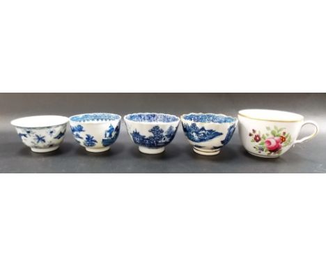 Four various blue and white tea bowls including an 18th Century Worcester transfer printed bowl printed with oriental figures