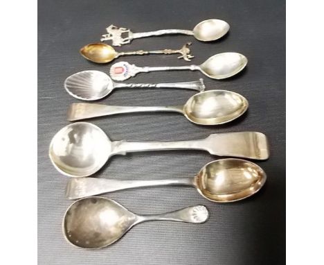 Modern silver caddy spoon together with five other various spoons and two Continental white metal spoons, weight overall 4.5o