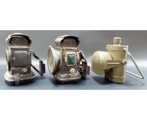 Three vintage carbide bicycle lamps, one by Lucas, another WWII blackout lamp (3).