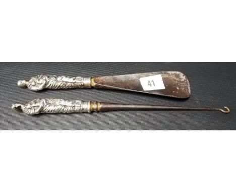 Victorian silver filled button hook and shoe horn, the embossed handles modelled as a classically draped maiden with three in