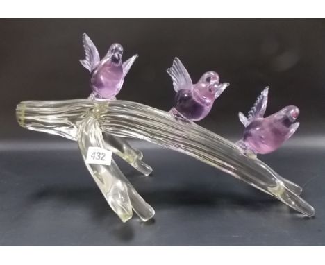 Italian art glass sculpture depicting three amethyst colour birds upon a clear branch by Licio Zanetti, signed, width 17in.