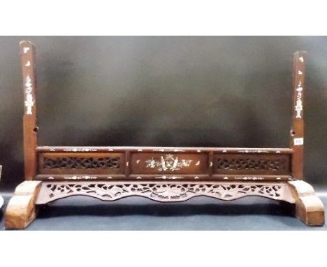 Chinese hardwood mother of pearl inlaid table screen stand, lacks screen (af) , width 37in.