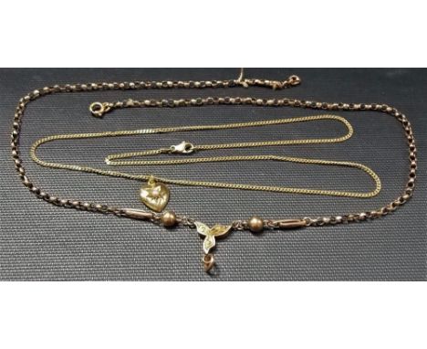 9ct rose gold belcher link necklace with trefoil pendant suspension; together with a 9ct heart shaped pendant with seed pearl