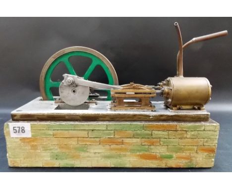 Vintage model horizontal steam engine upon rectangular plinth, width 12.75in