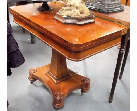 William IV mahogany rectangular card table, the hinged top revealing a green baize inset, the frieze with beaded detail upon 