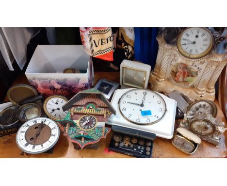 Mixed clock parts, mantle clocks, a cuckoo clock A/F and mixed scale weights, Location: RAM 