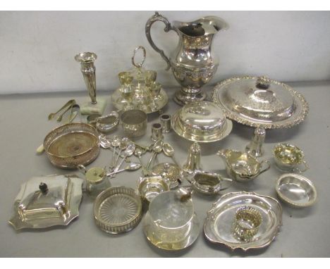 Mixed silver plate to include a wine pitcher, egg cruet set and other items 