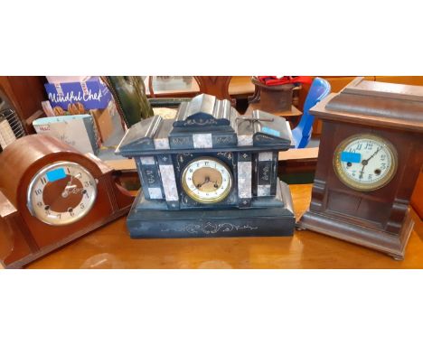 A Victorian black slate and marble mantle clock and two other treen mantel clocks A/F 