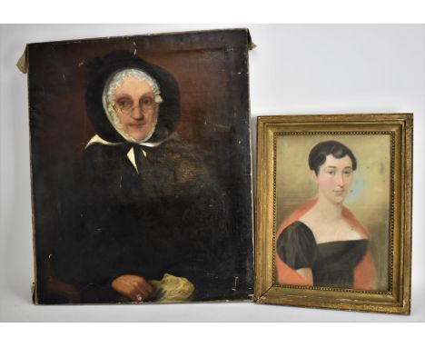English School, a 19th century pastel portrait of a lady in a black dress with red shawl, pastel on paper, unsigned, the reve