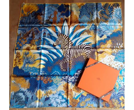 Hermes-A silk Mountain Zebra scarf designed by Alice Shirley in a turquoise colour way, 90cm x 90cm, having hand-rolled edges