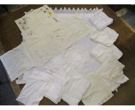 Eight Victorian and Edwardian white cotton table cloths in square form with machine made insertions and embroidery together w