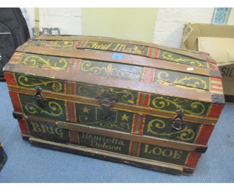 A 19th century hand painted domed topped trunk, painted with a fleur de lis, Queen Victoria syphon, 53h x 88w A/F 