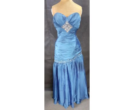 Ladies clothing to include a sapphire blue, strapless evening gown, 30" chest, a Yzian Shzin green felt jacket with waterfall