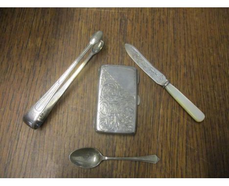 A group of silver items to include a card case with scrolled leaf engraved decoration, Birmingham 1900, 60g, Georgian sugar t