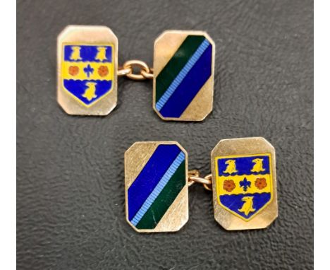 NINE CARAT GOLD AND ENAMEL CUFFLINKSbearing a coat of arms and blue, green and light blue strip, total weight 7 grams