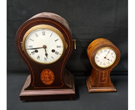 TWO INLAID MAHOGANY MANTEL CLOCKSthe larger example with white enamel dial set with Roman numerals, with chiming movement and