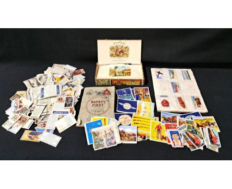 BOX OF CIGARETTE CARDSincluding Safety first album, and other loose in a vintage cigar box