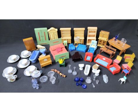 LARGE SELECTION OF VINTAGE DOLL'S HOUSE FURNITURE AND ACCESSORIESincluding two ceramic bathroom suites, a bed, matching wardr