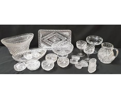 SELECTION OF CRYSTAL AND CUT GLASS including Edinburgh Crystal comport, six fruit cocktail dishes and saucers, thistle shaped