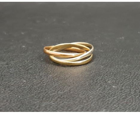 THREE TONE NINE CARAT GOLD RUSSIAN WEDDING RING formed with interlocking yellow, white and rose gold bands, ring size K and a