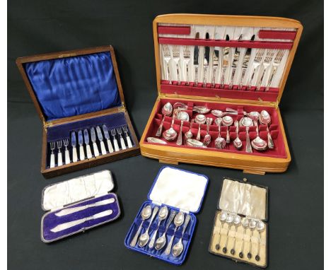 SELECTION OF CASED PLATED CUTLERY comprising a set of mother of pearl dessert knives and forks, the knives with silver collar