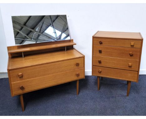 MID CENTURY RETRO VENEERED DRESSING TABLEwith mirror and shallow shelf raised above the top surface, with two full length dra