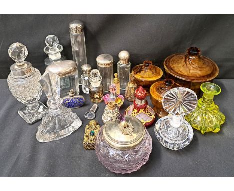 SELECTION OF GLASS SCENT BOTTLES AND DRESSING TABLE ITEMSincluding three Art Deco amber coloured bowls and covers (one larger