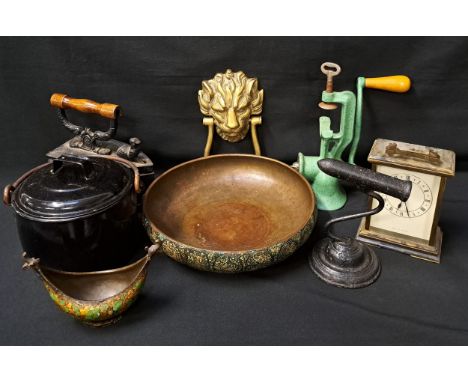 SELECTION OF METALWARE AND COLLECTABLESincluding a brass lion mask door knocker, an micro mosaic decorated bowl, a Kashmiri b