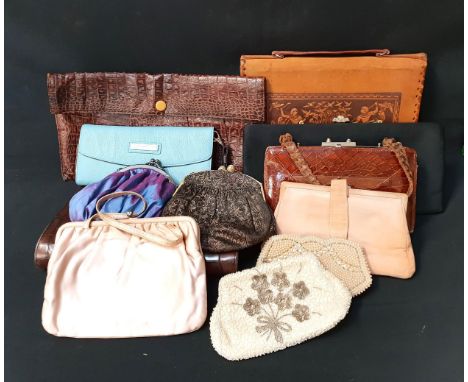 SELECTION OF VINTAGE BAGSincluding beaded evening bags, a crocodile skin clutch bag and hand bag; and an Egyptian style organ