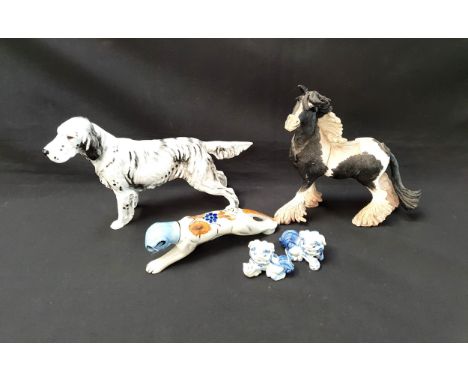 SELECTION OF ANIMAL FIGURINEScomprising Royal Doulton 'Ch Maesydd Mustard A11049 D, 20cm high; black and white ceramic horse,