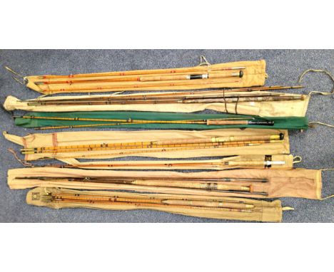 SEVEN ASSORTED VINTAGE FISHING RODSAlex Martin of Glasgow four piece cane rod in canvas bag,  two Farlow & Co Ltd London rods