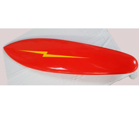 VINTAGE EARLY 1970s  SHORT BOARD/ SURF BOARDorange fibreglass with white trim and orange tail board, 212cm longNote: Vendor w
