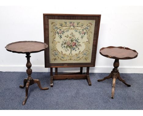 MAHOGANY FRAMED FIRE SCREENwith floral wool work in glass frame, screen converts into a table, with two mahogany wine tables 