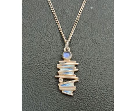 SHEILA FLEET 'MOONLIGHT' ENAMEL, MOONSTONE AND CZ PENDANTin silver and on silver chain